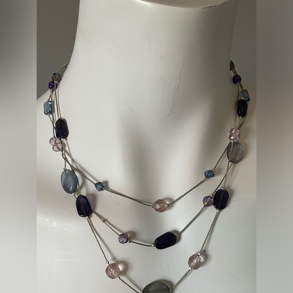 Three strand translucent beaded necklace in purple, blue and pink shades